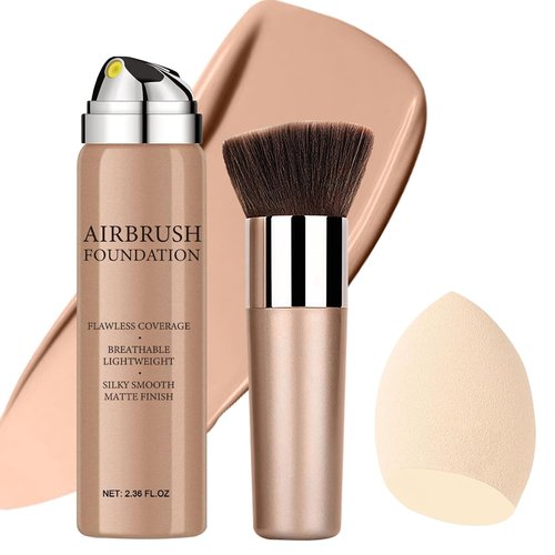 Skiennix Airbrush Foundation Makeup Spray - Long Lasting, Waterproof Full Coverage, Natural Matte Finish, 2.36oz | Includes Brush & Sponge