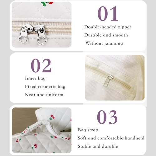 Hualinsyi Makeup Bag Set ， 3 PCS Cute Cherry Bag Set, Travel Toiletry Organizer Quilted Cherry Purse，Large Coquette Aesthetic Makeup Cosmetic Bag For Women (white-cherry)