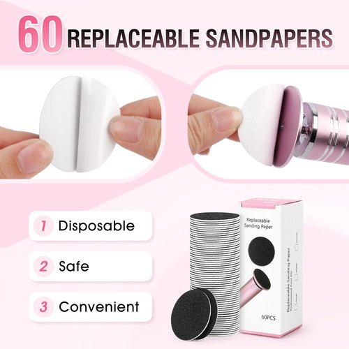Electric Foot File Callus Remover: Adjustable Speed 1000RPM Feet File Grinder with 60 Pcs Sandpaper Discs - Professional Pedicure Tools for Dead Skin Calluses (Pink)