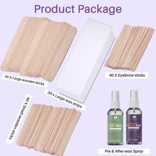 BLITZWAX Wax Kits with 120pcs Wooden Sticks for Hard Wax Hair Removal, Eyebrow Large and Small Applicators for Face, Body, and Lip, with 30 Wax Papers and Oils, Ideal for Women’s At-Home Waxing