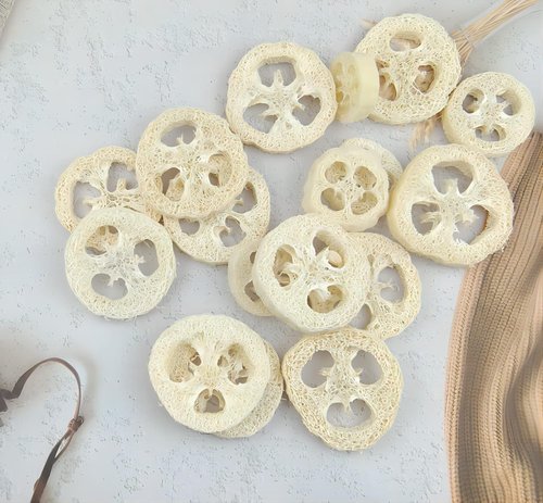 ENLAYER 25PCS Natural Loofah Slices, Reusable Natural Loofah Cuts for Cleaner Sponge Scrubber, Facial Soap Holder and DIY Customize Soap Tools with 1 Storage Bag (Diameter 2In, Thick 1In)