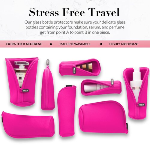 KUSSHI Neoprene Mini Makeup Pouch for Purse and Travel - Travel Pouch for Delicate Bottles and Beauty Items - For Foundations, Serums, Perfumes and More (Size Jumbo, Pink)
