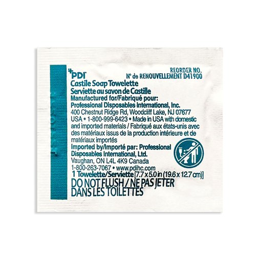 PDI Castile Soap Towelettes, Face and Hand Cleansing, 100 Individually Wrapped Wipes Per Box