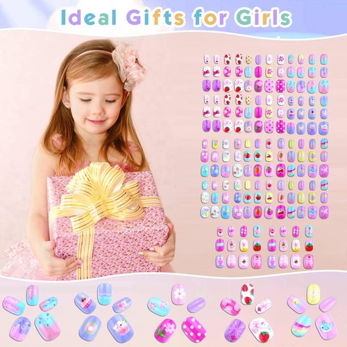 168Pcs Press on Nails for Kids Girls, Shynek Kids Fake Nails for Children Pre Glue Stickers Nails Full Cover Short Acrylic Nails Set Gifts for Girls Nail Art Decoration