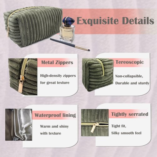 Kornnapa Cosmetic Bag for Purse, Corduroy Makeup Bag for Women Toiletry Bag Small Travel Make up Bag Cute Makeup Bags Skincare Bag Make up Pouch Organizer, Green