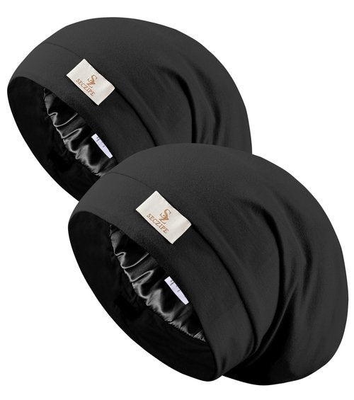 SECZIPE 2pcs Silk Satin Bonnet Hair Wrap for Sleeping, Adjustable Strap Curly Natural Hair Night Caps for Women Men(Black&Black)