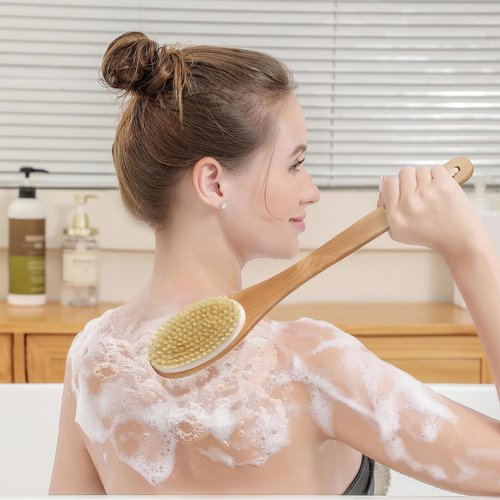 VALENTISE Back Scrubber for Shower, Shower Brush Long Handle with Boar Bristle and Massage Nodes, Exfoliating Body Scrubber for Lymphatic Drainage, Cellulite & Blood Circulation