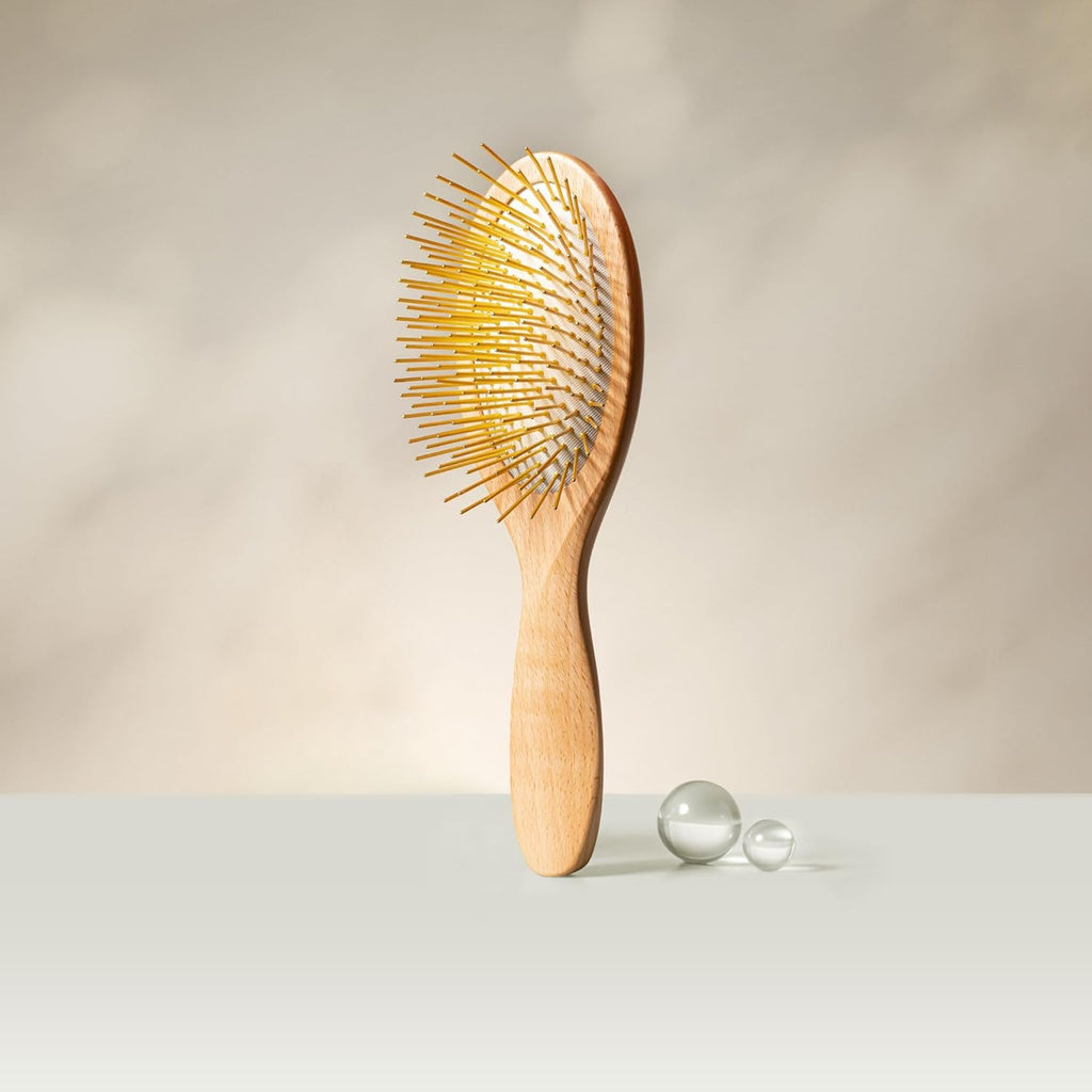 Snow Fox Skincare Gua Sha Hair Brush - Wooden Edition | Scalp Massage Comb with Gold-Plated Bristles for Healthy Follicles