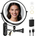Rocollos Rechargeable Wall Mounted Lighted Makeup Mirror, 8 Inch Double-Sided LED Vanity Mirror 1X/10X Magnification,3 Color Lights Touch Screen Dimmable (Black-30X)