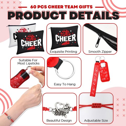 Sunnymove 60 Pcs Cheerleader Gifts Bulk Cheer Team Gifts for Women with Cheerleader Cosmetic Bags Makeup Mirror Bracelets Lipstick Holder Keychains Lanyard Cheer Team Party Favors(Red White)