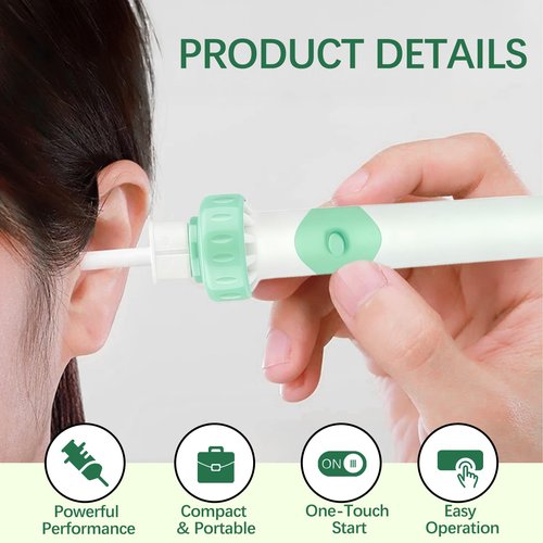 Electric Ear Wax Removal Tool with Vibration Suction, Ear Wax Vacuum Cleaner, Soft Silicone Spoon with 2 Washable Replaceable Tips Ear Cleaning for Family, Portable Case,Aqua Green