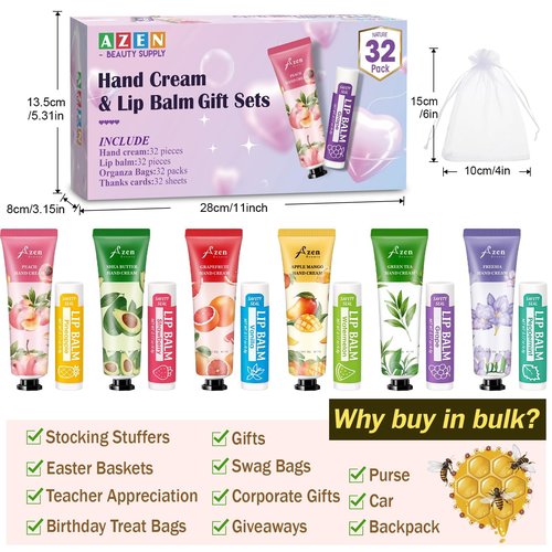 AZEN 32 Sets Bulk Gifts, Hand Cream and Lip Balm Bulk Set with Organza Bag Thank You Card, Baby Shower Wedding Gifts for Guests, Bridal Wedding Favors, Valentines Gift for Women