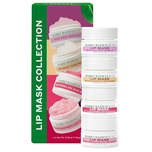 Mario Badescu Lip Mask Collection Gift Set – 4 Pc Hydrating Lip Masks for Dry Lips in Acai Vanilla, Watermelon Basil, Coconut Mango & Pomegranate Guava – Overnight Moisture & Nourishing Care