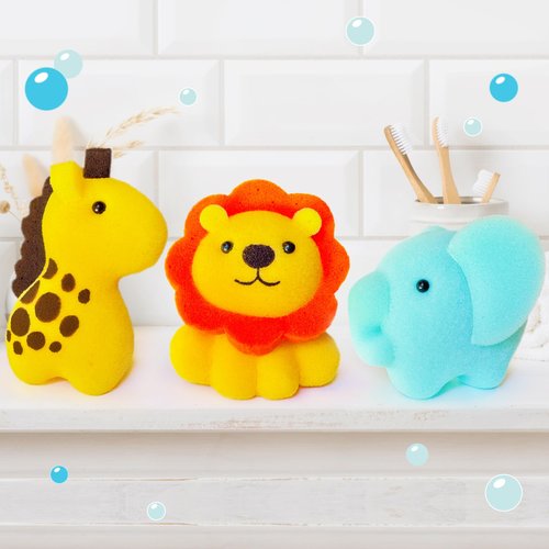 Spongentle Baby Bath Sponge Gift Set - Animal Kingdom Sponge 3 Pack - Bath Essentials for Baby Boys Girls Infants, Gifts for Newborn and Kids, Must Have Toy Accessories for Bathing