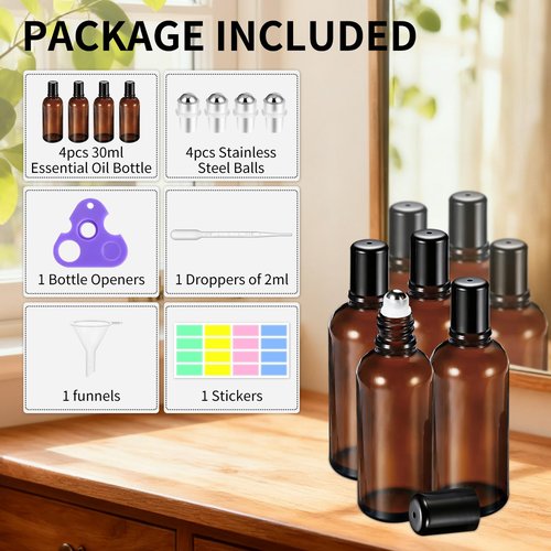 30ML Roller Bottles for Essential Oil, 4 Pack Empty Amber Glass Roller Bottle for Perfume Oil, Roll on Bottles with Stainless Steel Roller Balls, Opener, Funnel and Dropper for Aromatherapy, Massage