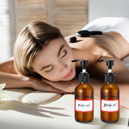 Tanlade 24 Pcs Glass Pump Bottle Dispenser 4 oz Travel Bottles with Pump Refillable Glass Containers for Toiletries Lotion Liquid Soap Shampoo Essential Oils Cosmetic Travel Accessories (Amber)