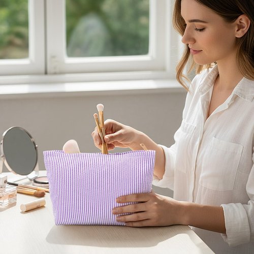 Sanwuta 4 Pcs Seersucker Makeup Bag for Women Stripe Cosmetic Bag Travel Toiletry Organizer Preppy Storage Pouch Valentines Galentines Gifts for Wedding Bridesmaid Mom(Pink, Green, Yellow, Purple)