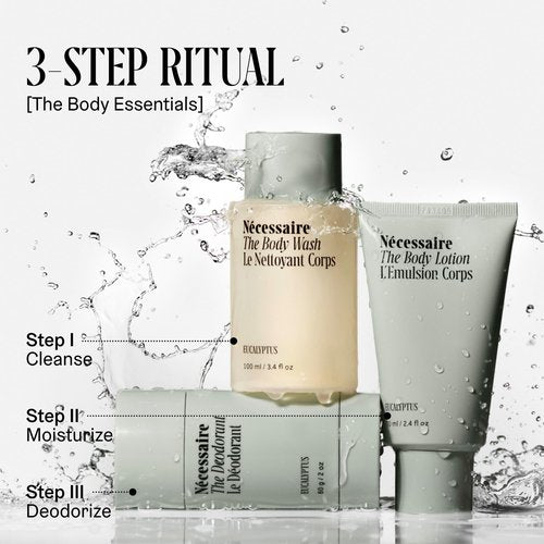 Nécessaire Body Essentials - Skin Care Gift Set For Women + Men - Travel-Size Body Wash, Body Lotion + Deodorant | Dermatologist-Tested. Hypoallergenic | Vegan | Aluminum-Free Deodorant (Eucalyptus)