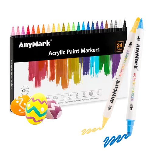 AnyMark 24 Colors Acrylic Paint Markers, Dual Tip Acrylic Paint Pens with Dot & Fine Tip, Premium Paint Markers for Coloring, Canvas, wood, Stone, Rock Painting, Glass
