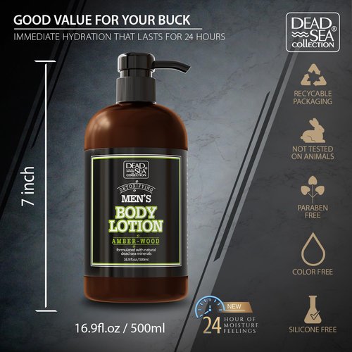 Dead Sea Collection Amberwood Men's Body Lotion - Nourishing Hydration with Amberwood Oil & Minerals - 16.9 Fl Oz
