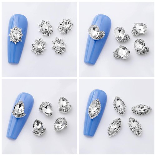 SILPECWEE 20pcs 3d Nail Rhinestone Gems Silver Nail Charms Clear Crystal for Nails Diamond Flat-back Alloy Nail Art Charms Nail Studs Nail Jewels Decoration for DIY Salon Manicure Accessories