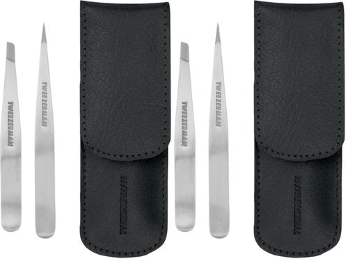 Tweezerman Petite Tweeze Set with Travel Case - Point and Slant Tweezers, Tweezers for Travel (Black Case), (Pack of 2)