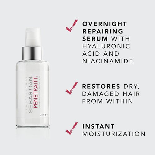 Sebastian Professional Penetraitt Overnight Repair Serum - Moisturizing Leave-In Treatment with Hyaluronic Acid & Niacinamide | 3.2 fl oz