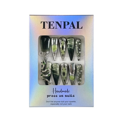 TENPAL Gothic Fake Nails Long Stiletto,Black Chrome & Gradient Green Cat Eye False Nails,3D Snake Gem Designs Metal Press on Nails,10pcs Soft Gel Artificial Nails with Steel Bead for Women(M)