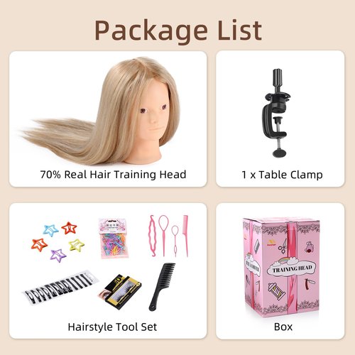 Mannequin Head Human Hair, Make Up Mannequin Head with 70% Real Hair Mannequin Cosmetology Manikin Practice Doll Head for hair styling Braiding Hairdressing Head