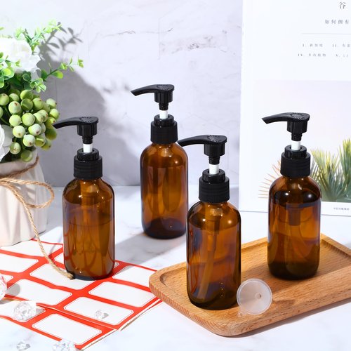 Tanlade 24 Pcs Glass Pump Bottle Dispenser 4 oz Travel Bottles with Pump Refillable Glass Containers for Toiletries Lotion Liquid Soap Shampoo Essential Oils Cosmetic Travel Accessories (Amber)