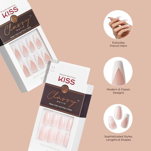 KISS Classy French Nail Manicure Kit - Long Coffin Shaped Nails with Gel Finish | 28 Count, Pink Glue & Accessories