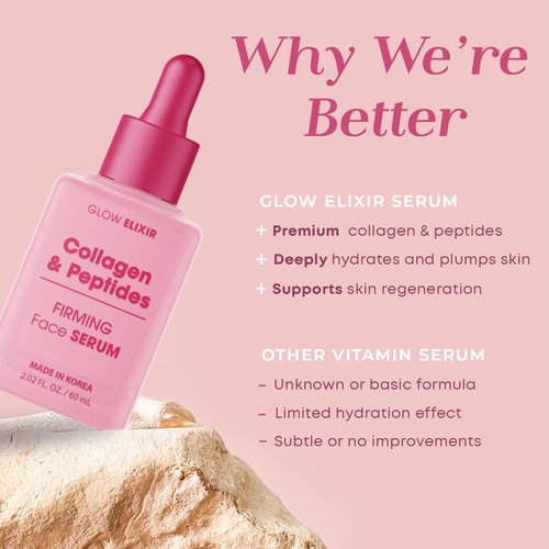 Glow Elixir Collagen & Peptides Face Serum – Firming & Wrinkle Serum for Skin Repair, Fine Lines & Deep Wrinkle Treatment – Dermatologist Tested Anti Aging Korean Skin Care – Clean Beauty – 2.02 Fl Oz