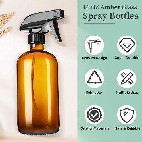 GIVAMEIHF 16oz Amber Glass Spray Bottles,4 Pack Glass Spray Bottles Refillable Empty Bottle with Adjustable Nozzle,Spray Bottle for Cleaning,Essential Oils,Cleaning,Pets,Plant, Hair Mister