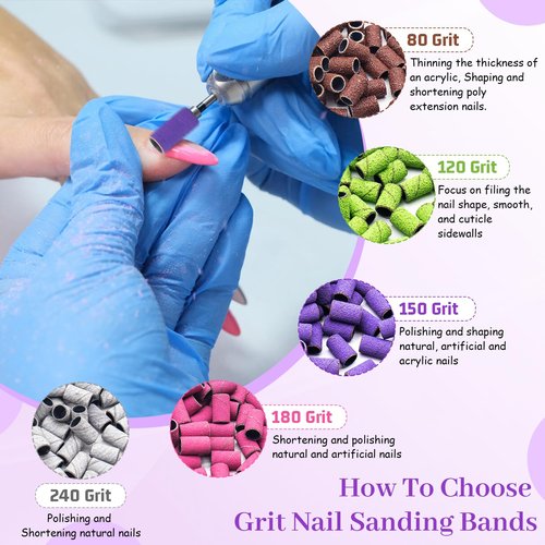 300Pcs Nail Sanding Bands, #80#120#150#180#240 Grit Sanding Bands for Nail, Professional Nail Drill Sanding Bands for Acrylic Gel Natural Nails, Nail Sanding Bands for Manicures&Pedicures