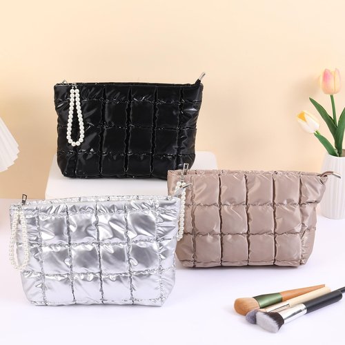 Beayuva Puffer Quilted Makeup Bag Travel Cosmetic Bag Portable Puffy Checkered Toiletry Pouch Skincare Organizer Purse Pencil Case (Silver)