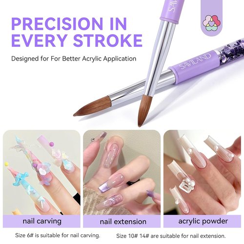 SAVILAND Kolinsky Acrylic Nail Brush Set - Professional Nail Brushes for Acrylics | Sizes 6, 10, 14