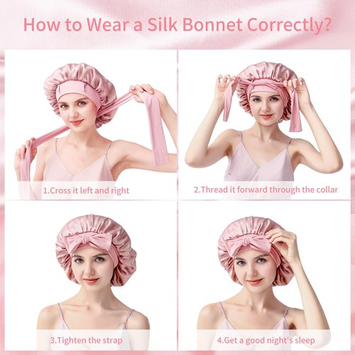 SILMANA Silk Bonnet for Sleeping Women, 22 Momme 100% Mulberry Silk Sleep Cap with 2 Matching Silk Scrunchies, Double-Sided Wearable Hair Bonnet for Night Hair Care and All Hair Types - Pink