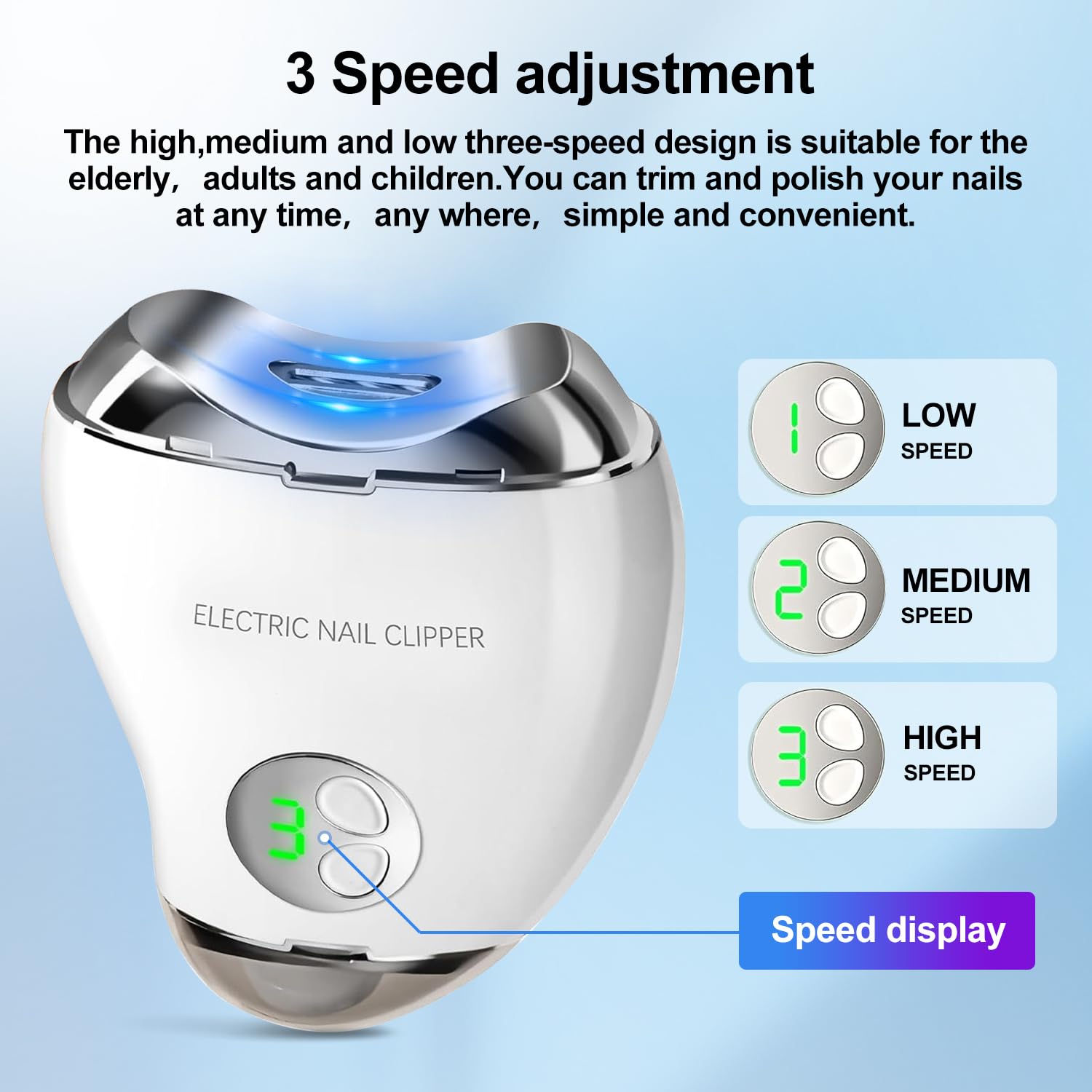 Yibosoar Electric Nail Clipper with LED Light & 3 Speeds, Fingernail Cutter and Polisher 2 in 1 Design, Nail Scraps Storage Rechargeable Safety Fingernail Trimmer for Baby Seniors and Adult