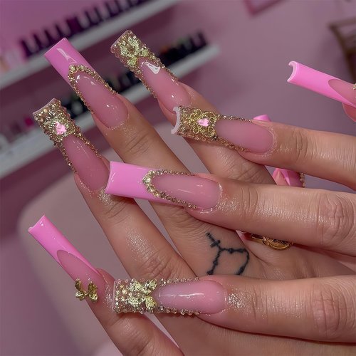 Pizadix 110 Pcs Gold Pink Nail Charms Y2K with Heart, Cherries, Bows, Butterflies, Guns, Crosses, Dollars