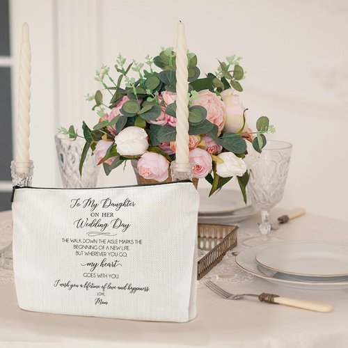 Vancsenia Makeup Bag for Bride - To My Daughter On Her Wedding Day Gifts for Daughter, Personalized Bridal Cosmetic Bag, Cute Travel Toiletry Pouch, Bride-to-Be Present, Mother of Bride Gift