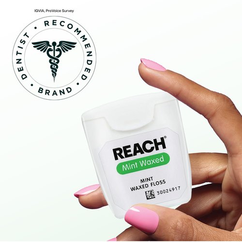 REACH Waxed Dental Floss, 2X More Value, Plaque Remover for Teeth, Shred Resistant, Floss Slides Smoothly, Easy to Use, Waxed, for Adults & Kids, Oral Care, PFAS Free, 3 Pack, 115 yd, Mint