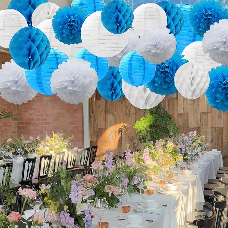 Blue and White Paper Lantern & Decoration Set for Weddings Parties and Events - 34 pcs