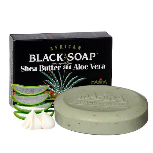 Madina African Black Soap Bar – Shea Butter, Aloe Vera, Moisturizing, Gentle Exfoliating, 100% Vegetable-Based, For All Skin Types, Face & Body Cleanser, 6 Pack (3.5 oz Each)