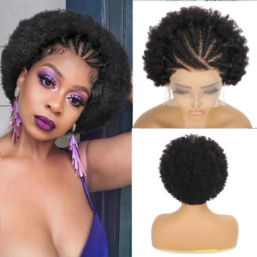 SODLIS Braided Wigs for Black Women 13x6 Lace Front Braideds Wigs Afro Puff Lace Frontal Hair Wig Afro KinkyCurly Human Hair Brazilian Curly Lace Front Wig 6 Inch