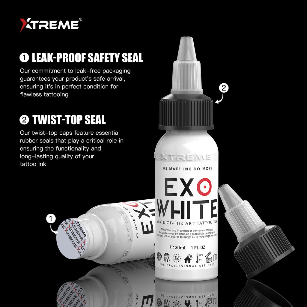 Xtreme EXO White Tattoo Ink – White for Lining & Shading – Highly Pigmented, Vegan, Smooth Flowing – Perfect for Bold Outlines & Rich Fillings (1 oz)