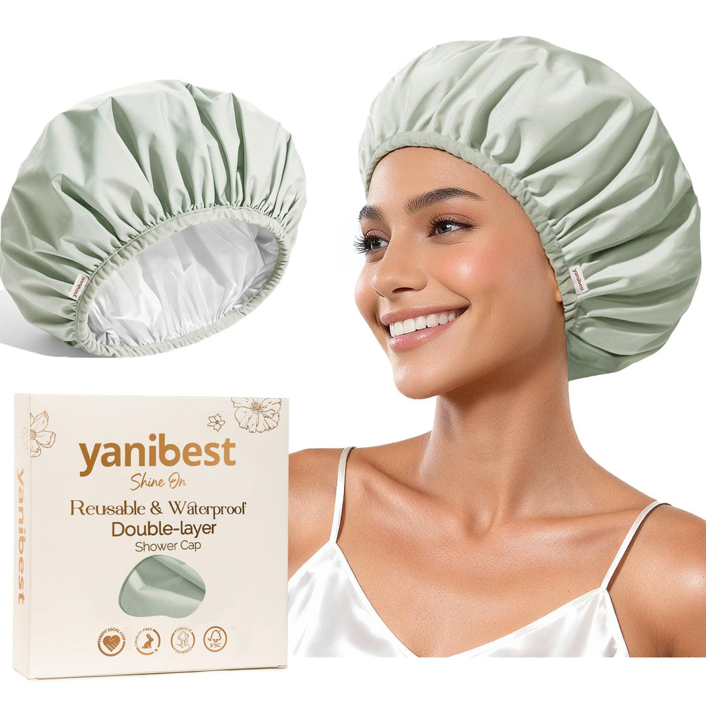 Yanibest Shower Cap Reusable Waterproof - Double Layer Shower Caps for Women, Washable Shower Bonnet with Soft Non-Slip Elastic Band, Bath Hair Hat for Most Hair Types
