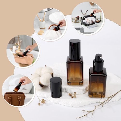 Segbeauty 2pcs 50ml Empty Refillable Glass Pump Bottle, 1.69oz Glass Containers Dispenser Gradient Brown Empty Bottles Travel Size Lotion Bottle with Pump for Essential Oil Blends Cream Lotion