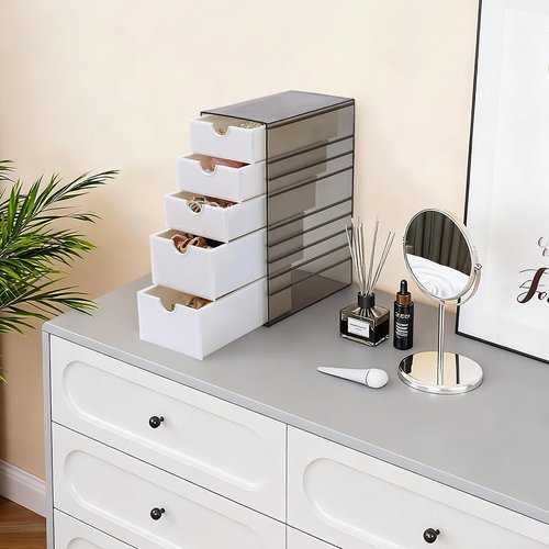 Hair Accessories Organizer with Removable Drawer, Large Capacity Desk Organizer Box with Stackable Cases, Hair Styling Storage Box for Hair Ties, Clips&Pins, 5-Tier Plastic Containers, Clear Black