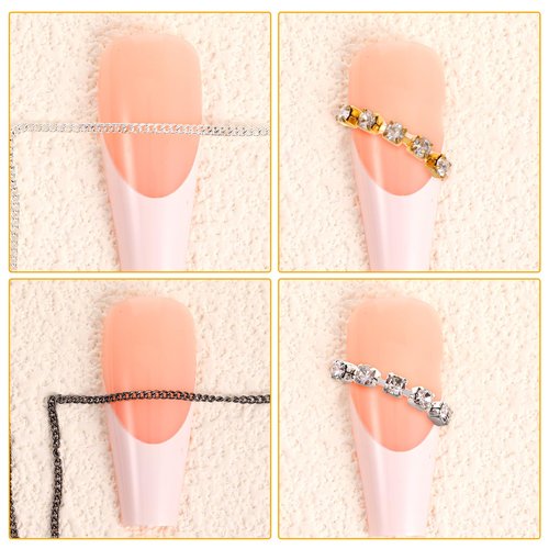 AOZUO 24 Strips Nail Art Chains, DIY Nail Jewelry Charms 3D Nail Chain Decor Gold Silver Metal Punk Pendant Nail Ornaments Line Nail Studs Charm for Women Design Nails Manicure Accessories (Style A+B)