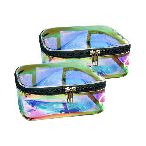 Holographic Clear Cosmetic Bags 2 pcs Transparent Iridescent Makeup Pouch Waterproof Organizer Case-Holographic Blue